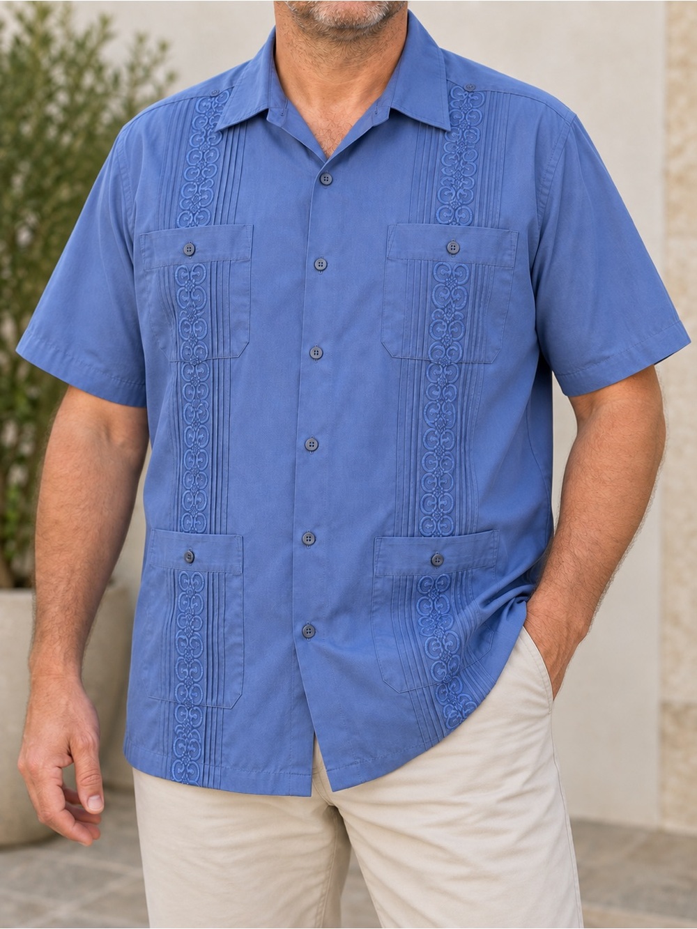 TropiCool 2XL Blue TonalEmbroidered Four Pocket Guayabera Cuban Shirt Resortwear